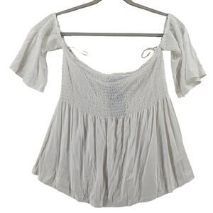 Forever‎ 21 Off Shoulder Blouse Large Ivory Flowy Boho Smocked Summer Top Loose